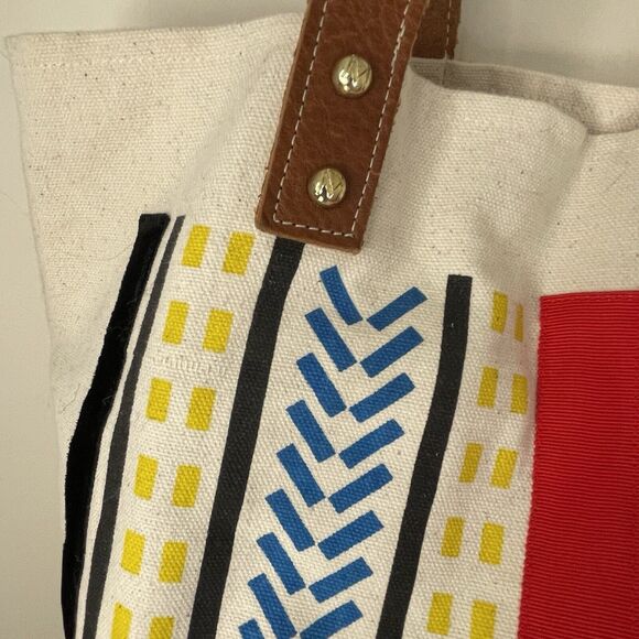 MIDORI Los Angeles Havana Striped Canvas Tote Bag Leather Straps African Print - Picture 4 of 12